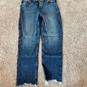 American Eagle Outfitters Dark Blue Straight-Leg Jeans with Frayed Hem